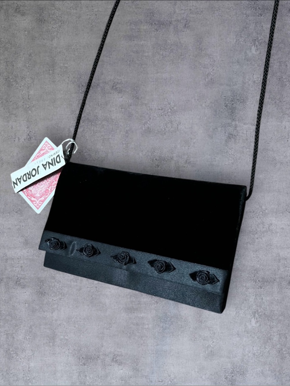 Deadstock NWT Vintage 90s Black Rosette Velvet Dina Jordan Evening Bag